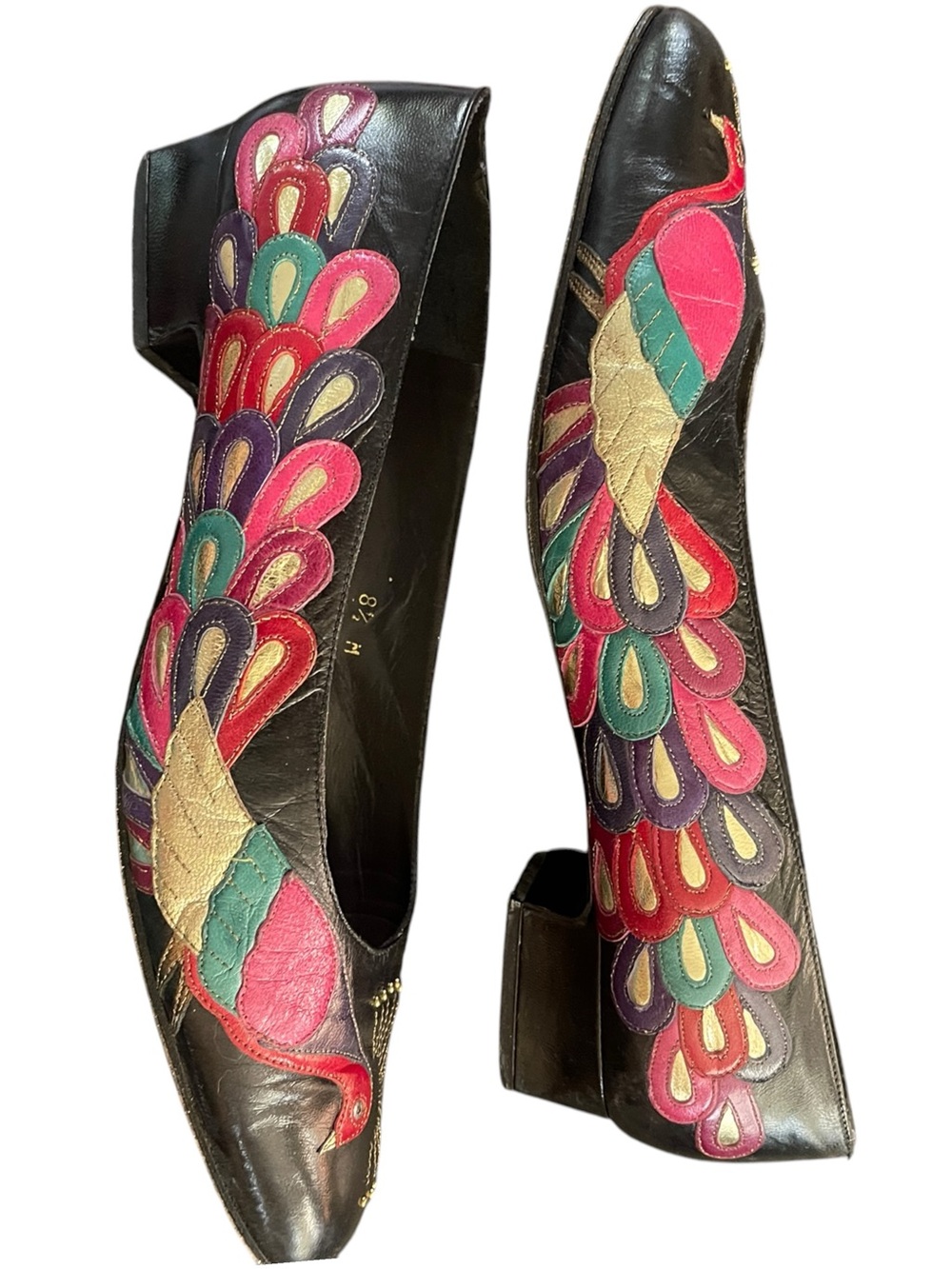 Vintage Margaret Jerrold Multi Colored Leather Novelty Peacock Low Heel Shoe 8.5